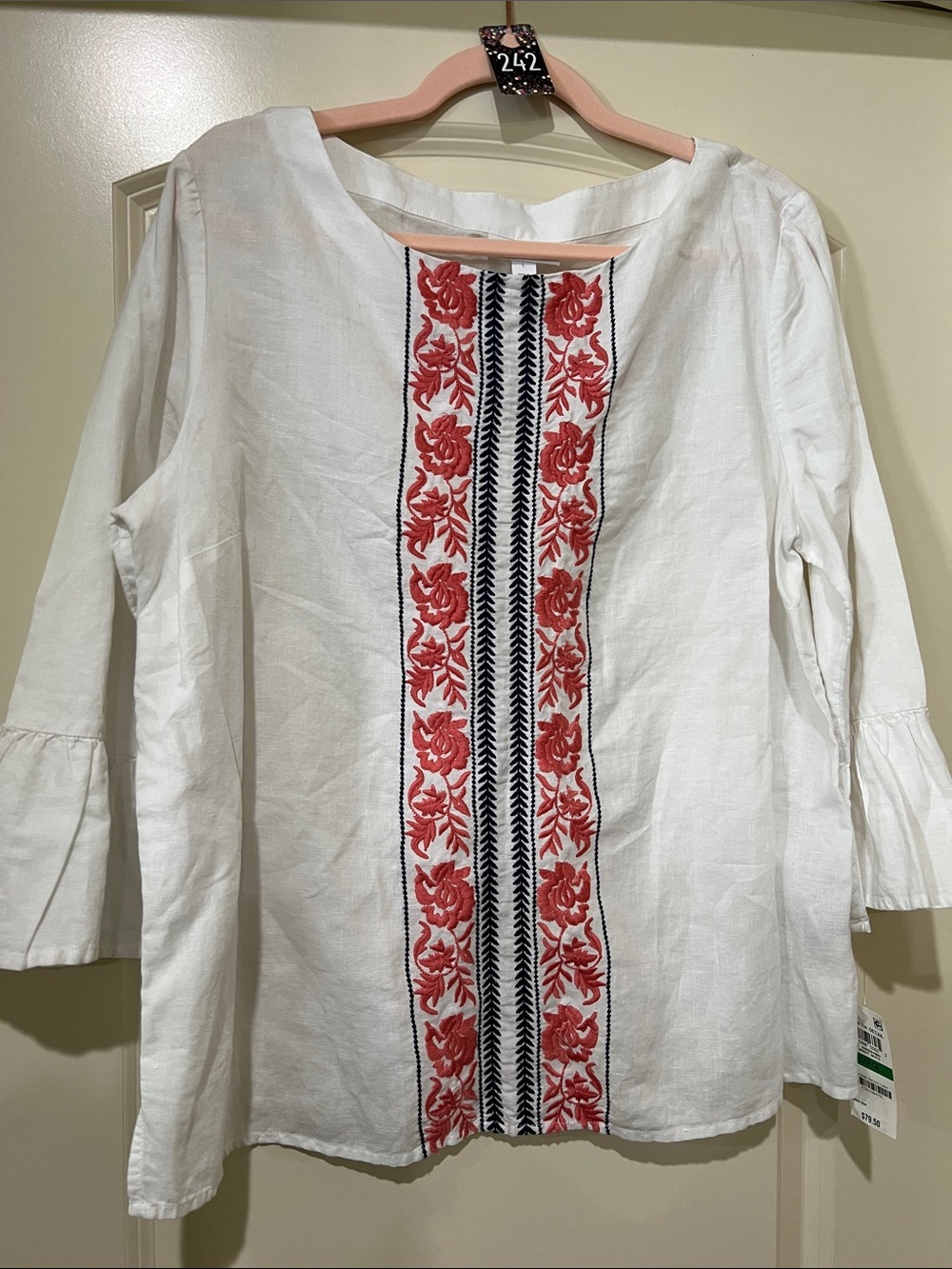 Charter Club White Blouse w:Dark coral & navy Embroidered Panel H242